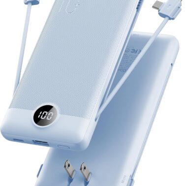 VRURC Portable Charger Built-in Cables and AC Wall Plug, USB C Power Bank 10000mAh, Travel Essentials Phone Charger Compact Lightweight External Battery Pack for Smart Phones, Tablets etc-Blue